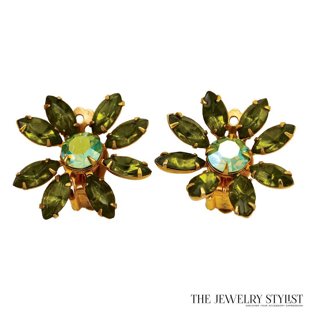 Multi Layered Peridot and Apple Green Rhinestone Brooch and Earring Set (Earrings)