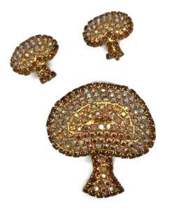 Vintage Rhinestone Mushroom Brooch and Earring Set