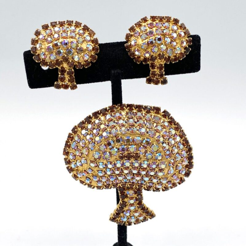 Vintage Rhinestone Mushroom Brooch and Earring Set