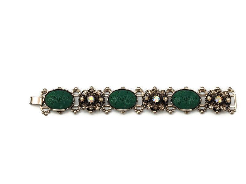 Vintage Faux Carved Jade Flexible Link Bracelet with Aurora Borealis Stones