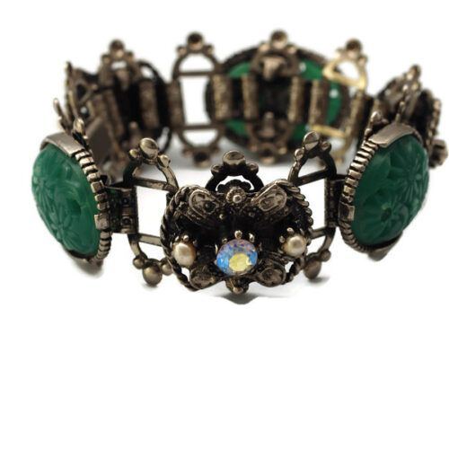 Vintage Faux Carved Jade Flexible Link Bracelet with Aurora Borealis Stones