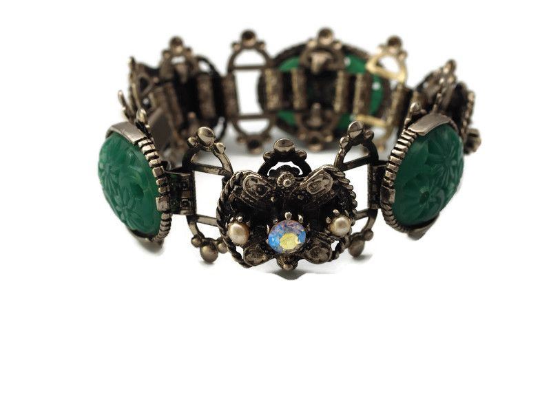 Vintage Faux Carved Jade Flexible Link Bracelet with Aurora Borealis Stones