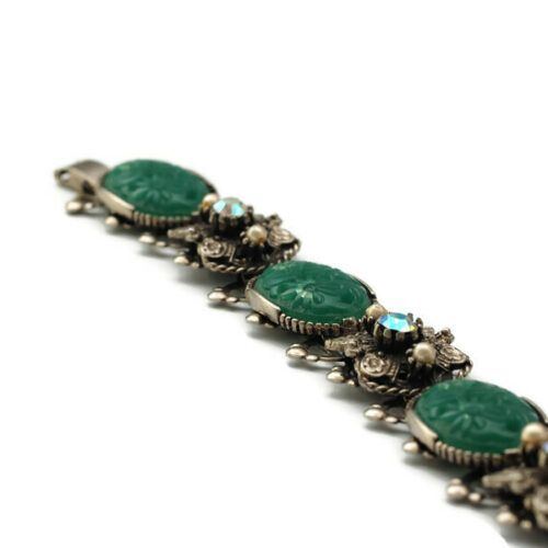 Vintage Faux Carved Jade Flexible Link Bracelet with Aurora Borealis Stones