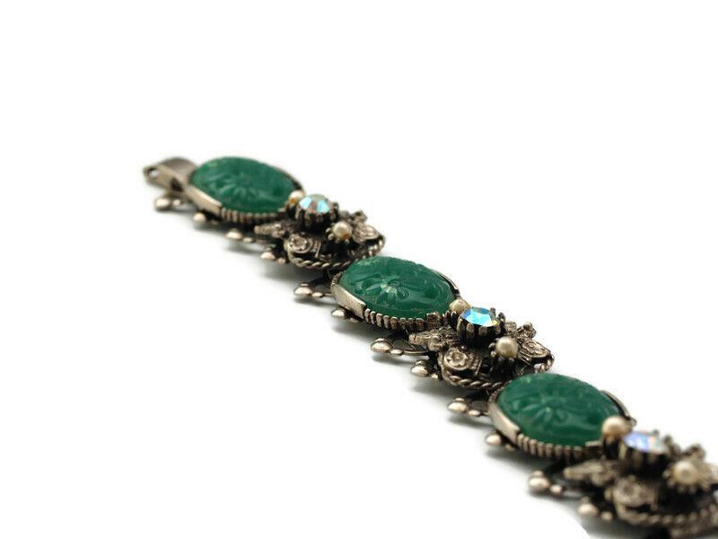 Vintage Faux Carved Jade Flexible Link Bracelet with Aurora Borealis Stones