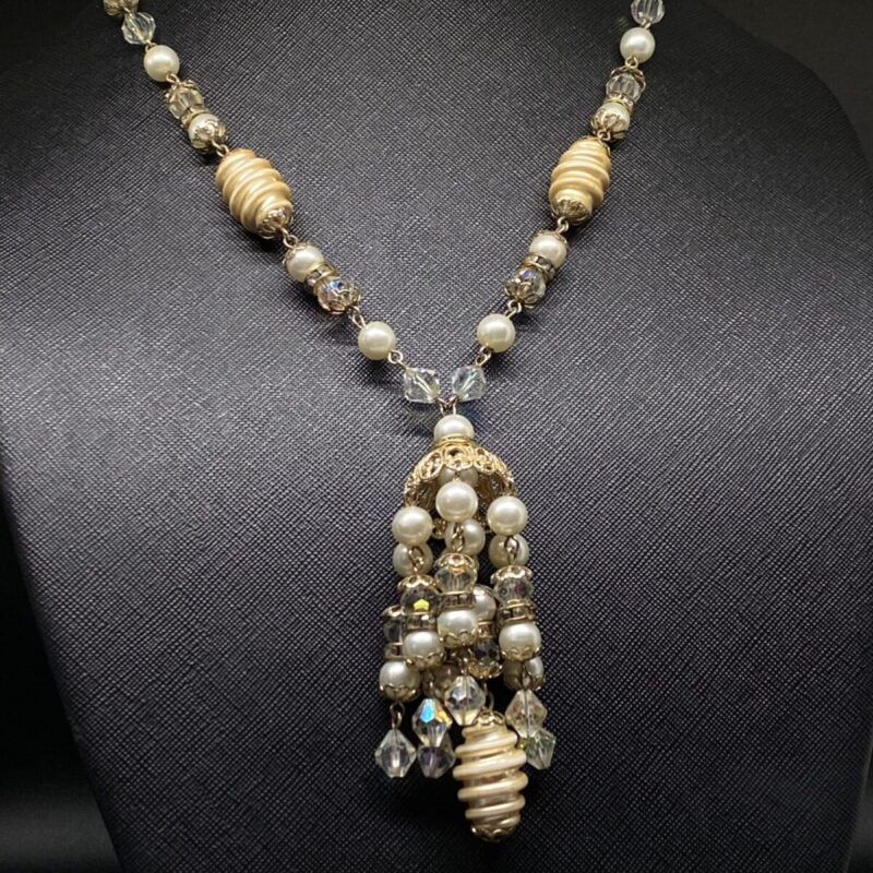 1960s Faux Pearl and Crystal Tassel Necklace with Rondels
