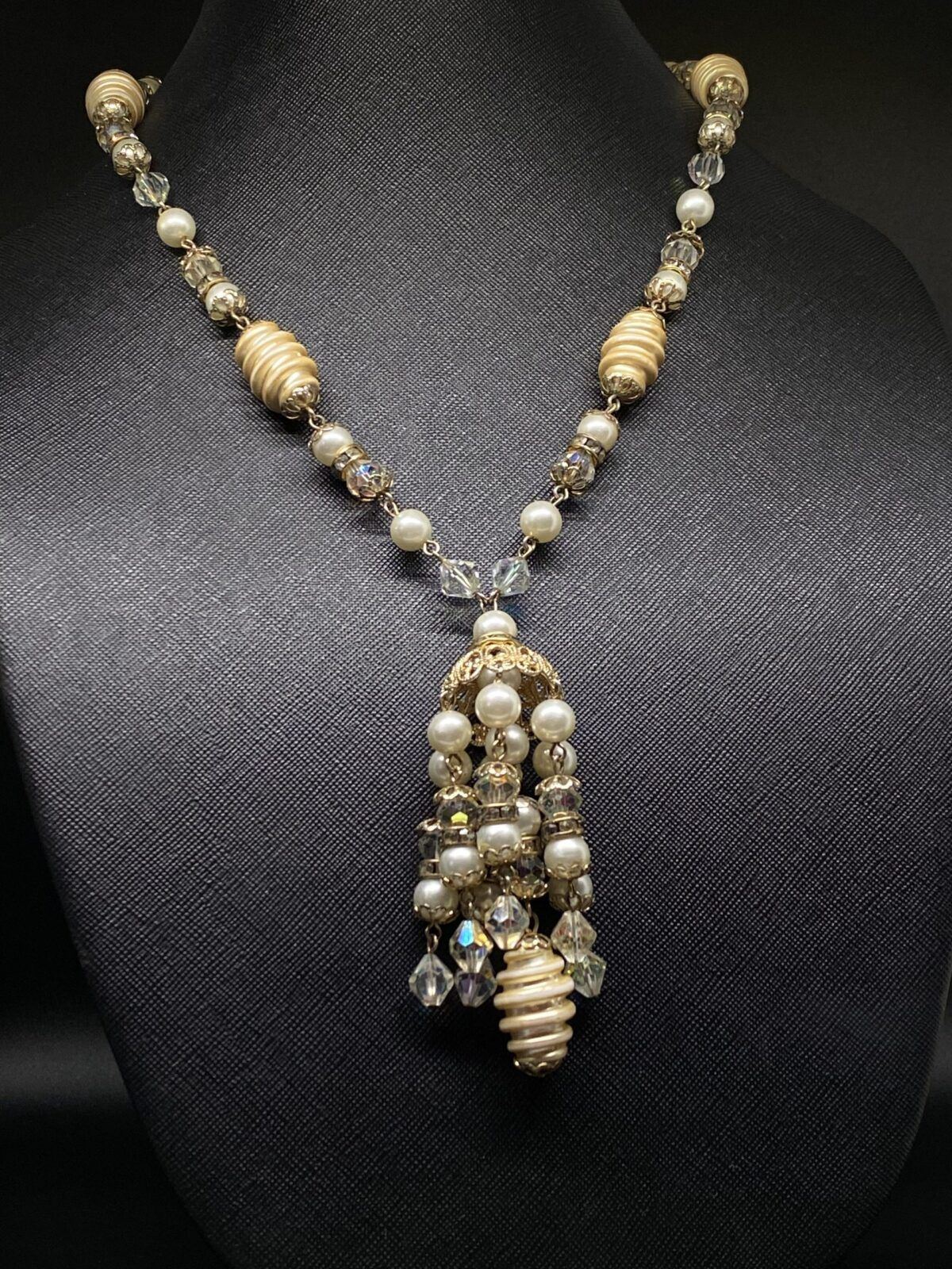1960s Faux Pearl and Crystal Tassel Necklace with Rondels
