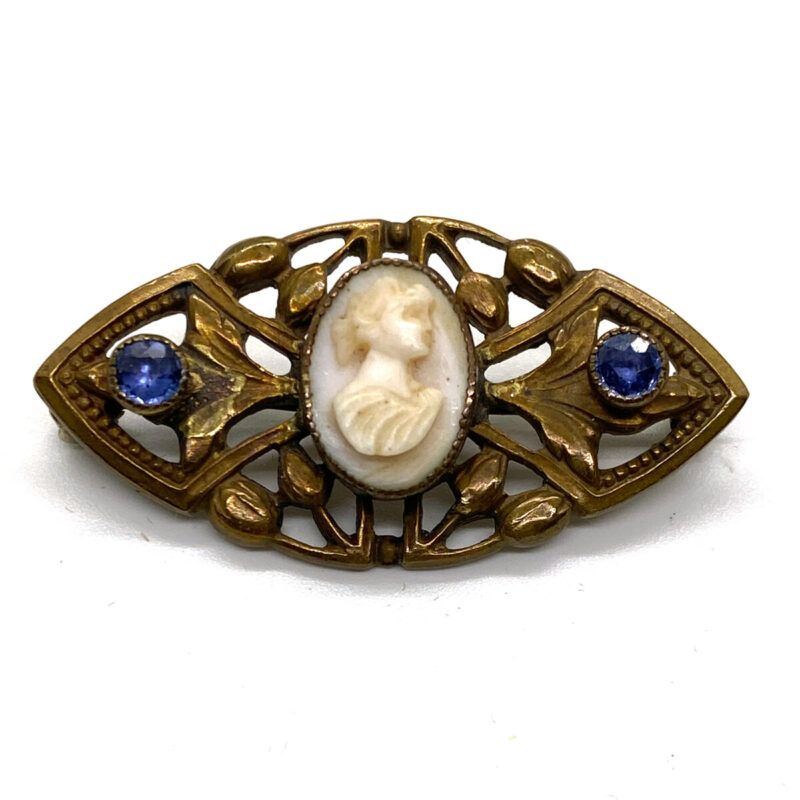 Antique c. 1910 Natural Sapphire with Cameo Pin