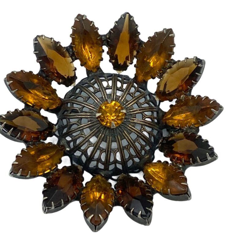 Dark Amber Rootbeer Color Stylized Floral Rhinestone Brooch