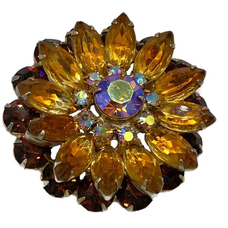 Double Layer Amber Colored Rhinestone Brooch