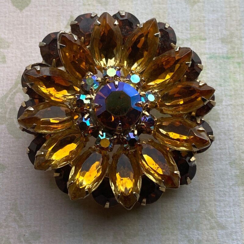 Double Layer Amber Colored Rhinestone Brooch