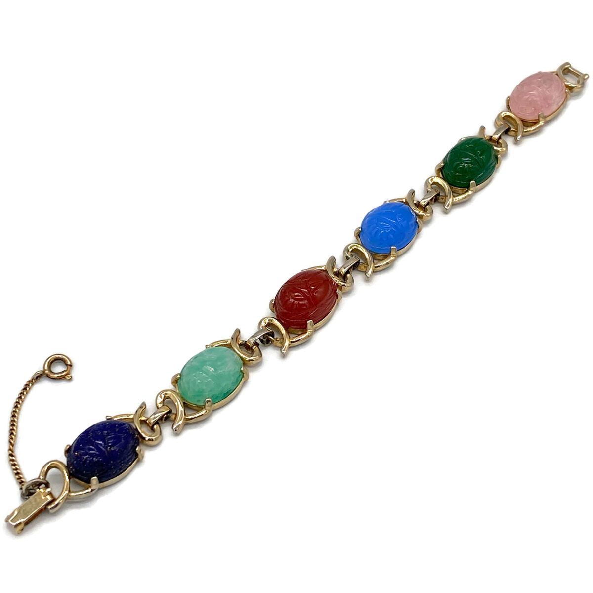 Vintage Glass Scarab Egyptian Revival Link Bracelet 1950s-1960s