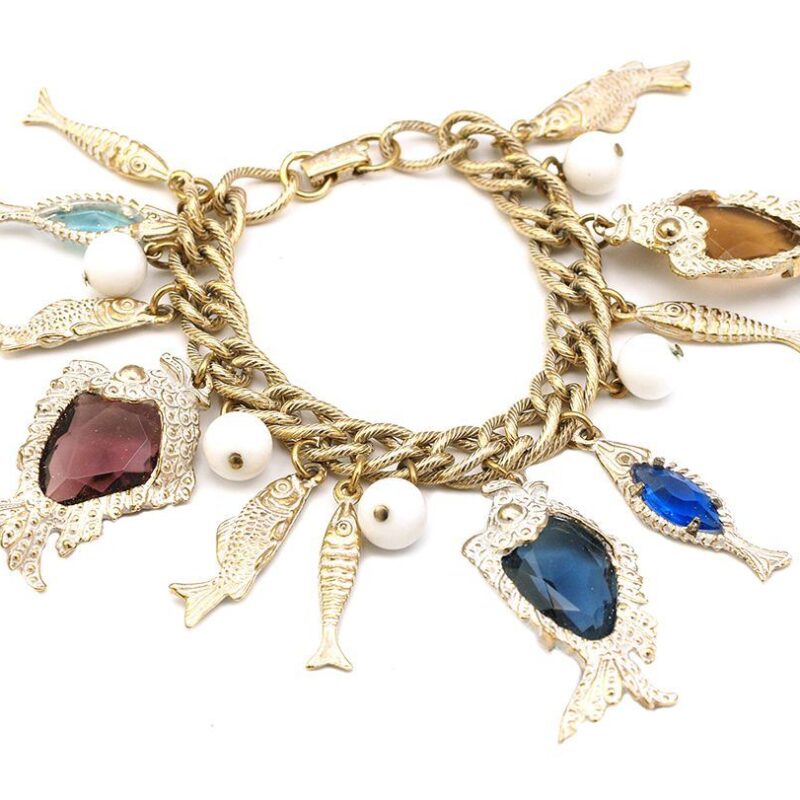 Vintage Fish Motif Charm Bracelet with Large Rhinestones