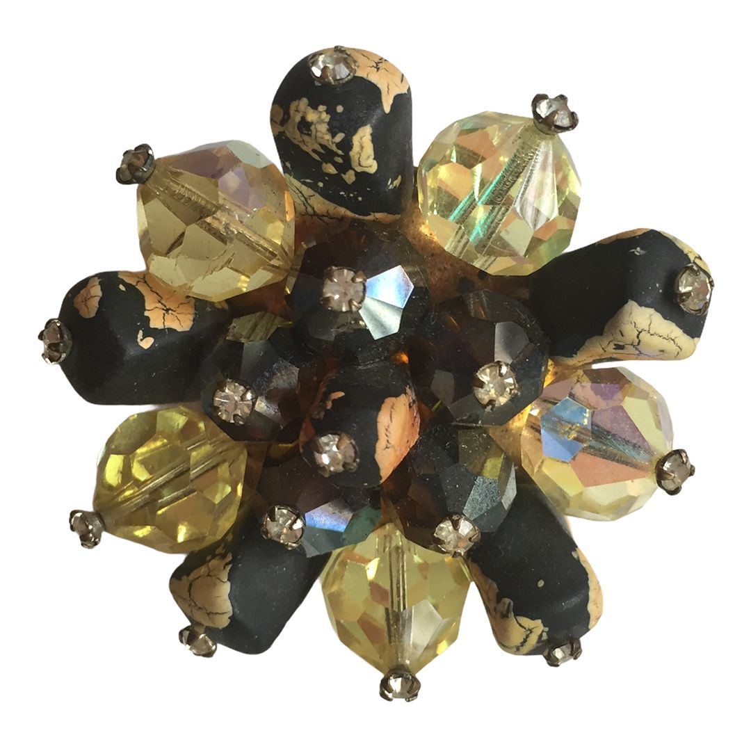 1960s Rhinestone Crystal and Art Glass Brooch
