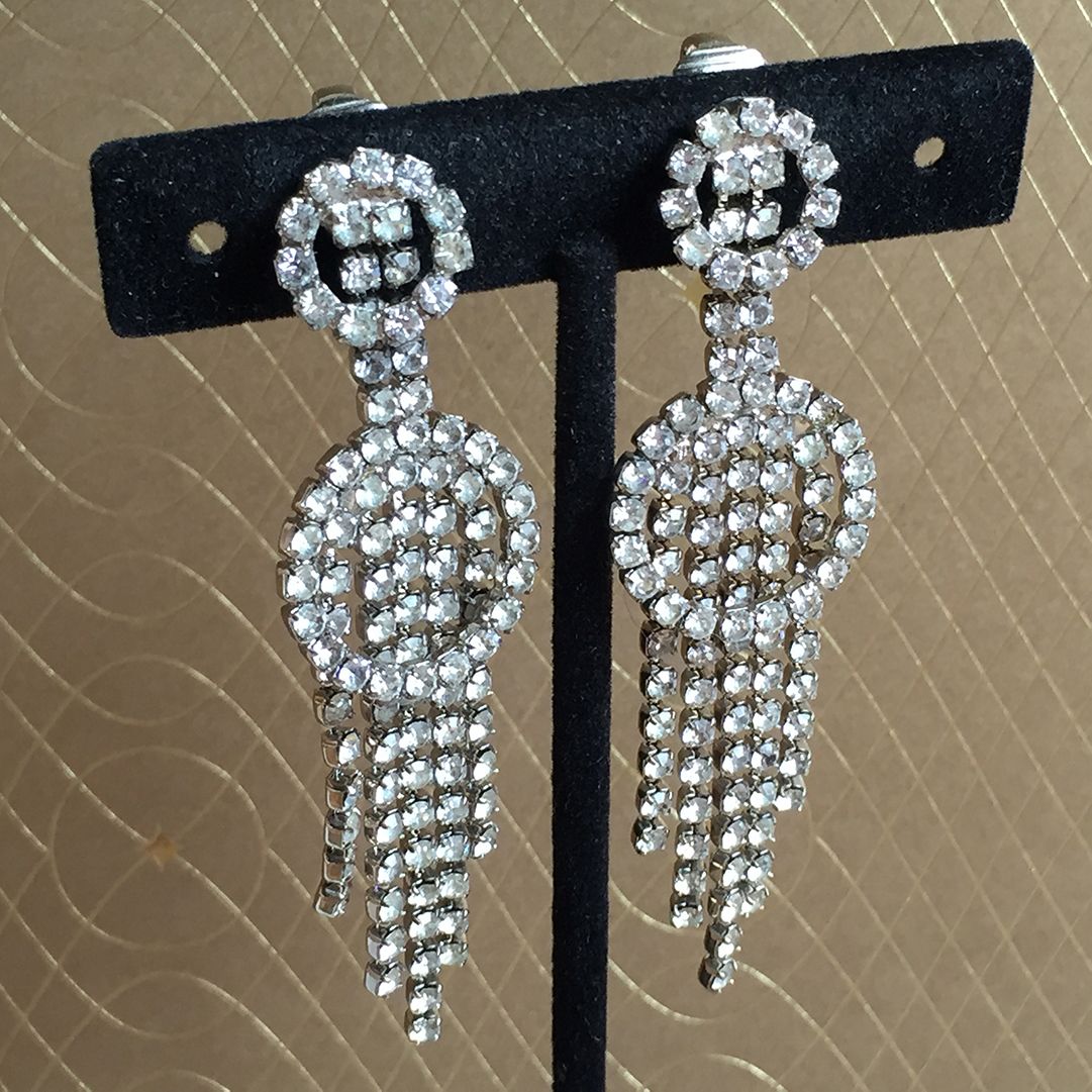Vintage 1950s Deco-style Rhinestone Drop French Clip Earrings