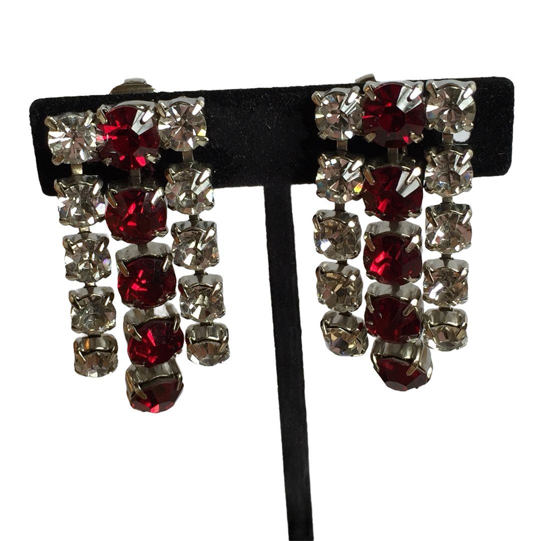 1960s Red and Crystal Colored Rhinestone Earrings