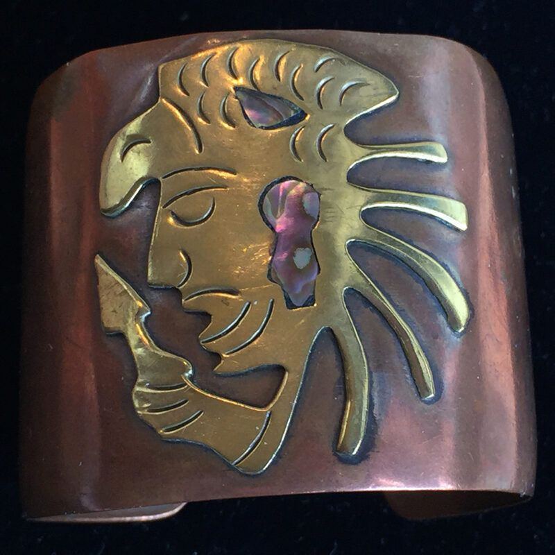 Tribal Aztec Copper and Brass Cuff with Abalone Inserts