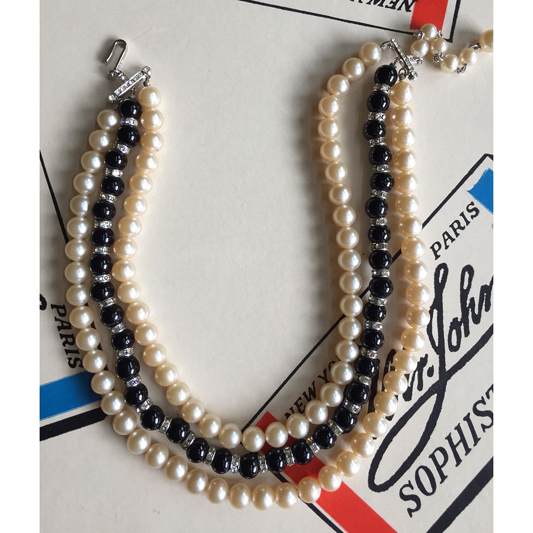 Trifari faux pearl rondell and black bead triple-strand necklace