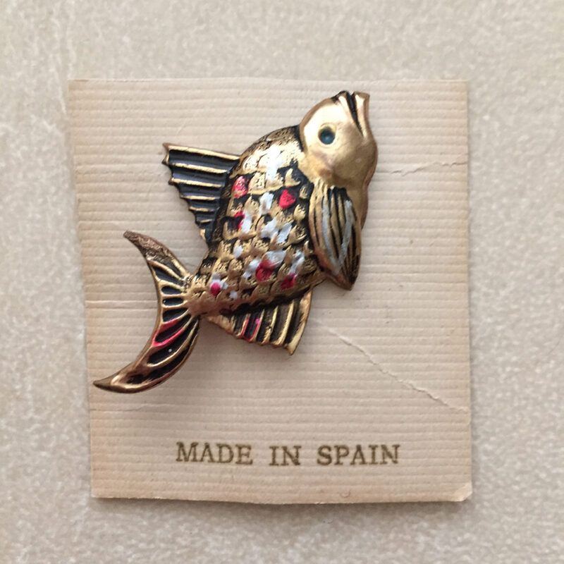 Vintage Faux Damascene Toledoware Fish PIn on Original Card Made in Spain