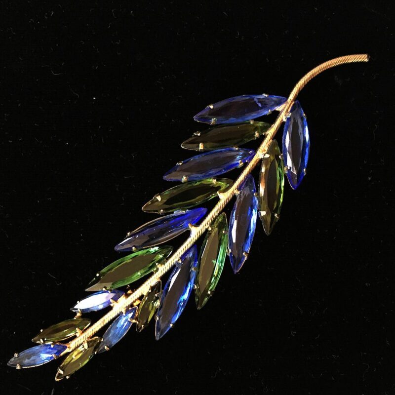 Vintage Green and Blue Rhinestone Stylized Leaf Pin