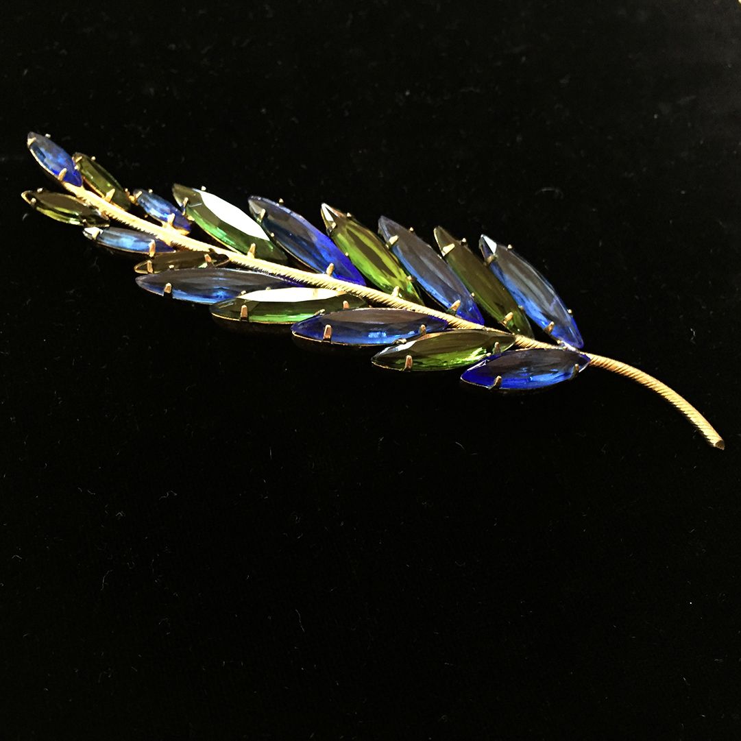 Vintage Green and Blue Rhinestone Stylized Leaf Pin