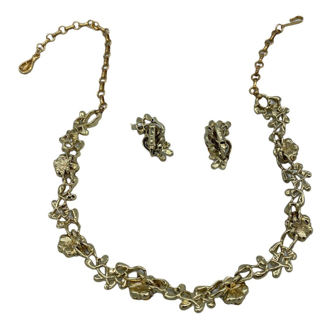 Gold Tone Coro Rhinestone Floral Motif Necklace and Earring Set