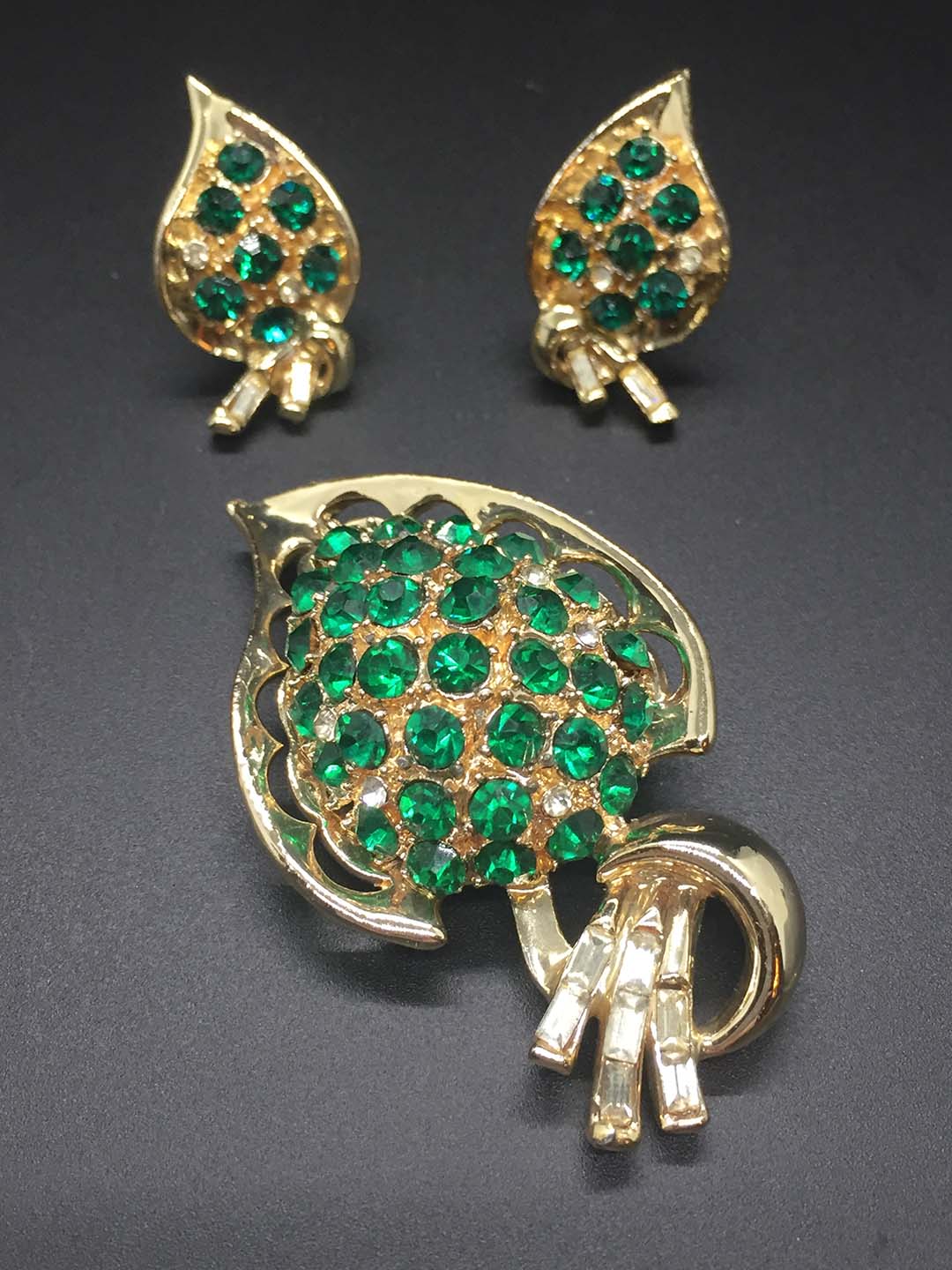 1950s Stylized Leaf Brooch and Earring Set