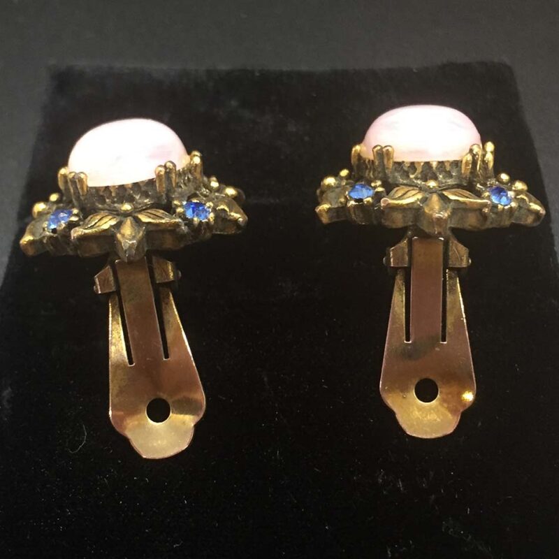 Faux Rose Quartz Cabochon Rhinestone Clip Back Earrings