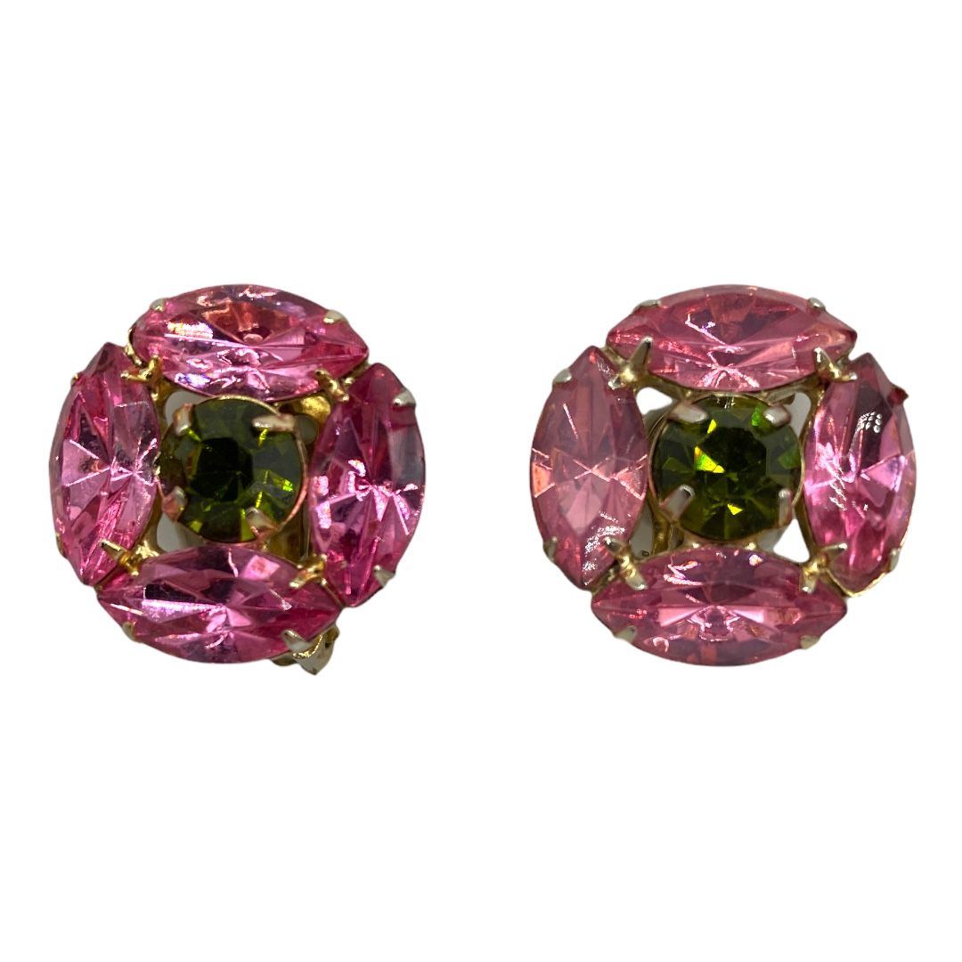 Pink Green Rhinestone Button Earrings