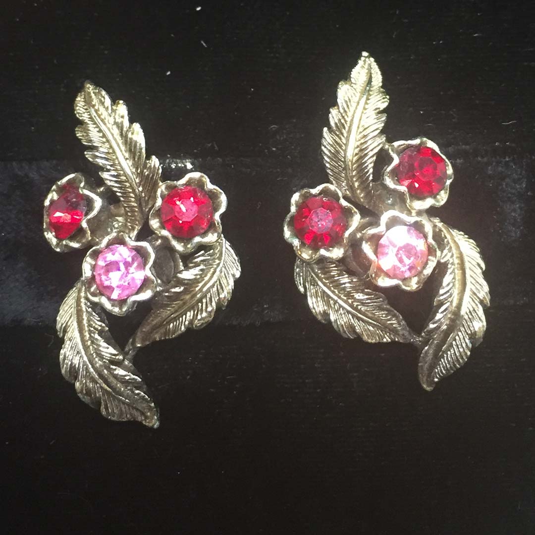 Red and Pink Rhinestone 1950s Clip-Back Earrings