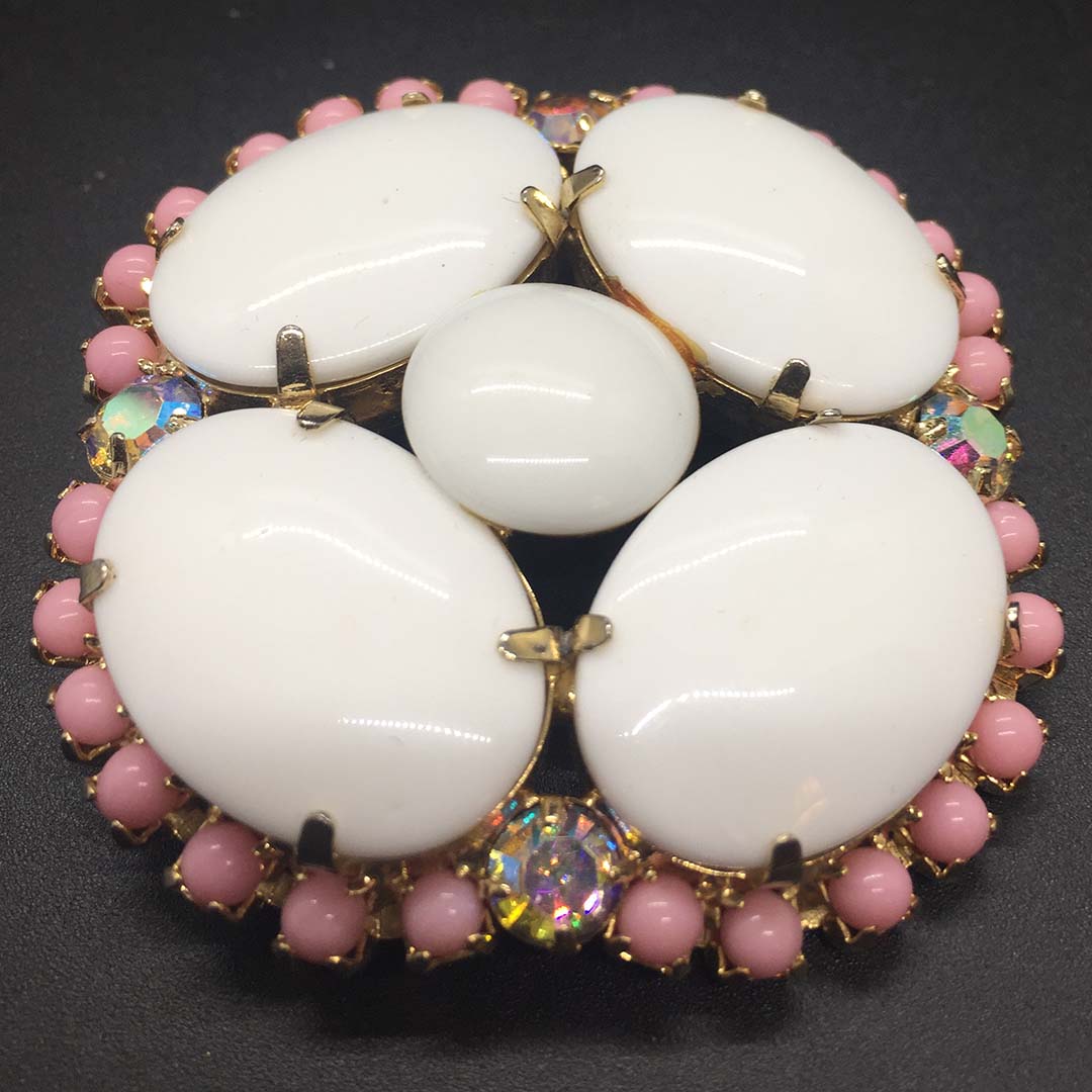 Rhinestone Brooch with Luscious Large Oval Milkglass Cabochons