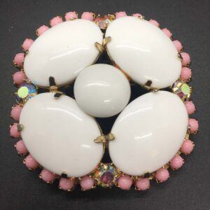 Rhinestone Brooch with Luscious Large Oval Milkglass Cabochons