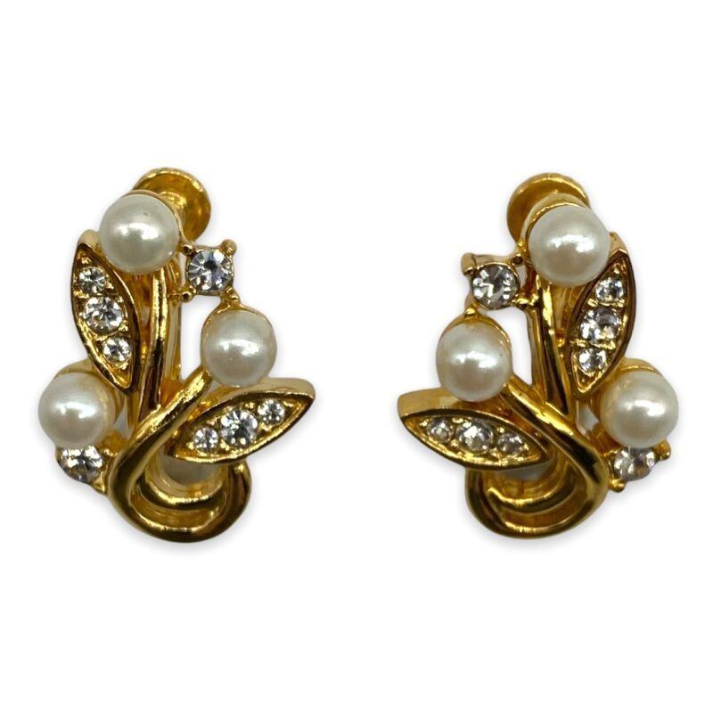 Coro Faux Pearl and Rhinestone Floral Motif Clip-back Earrings