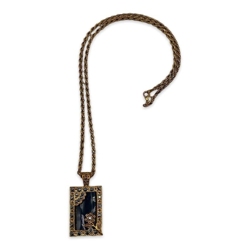 Vintage Black Glass Pendant with Faux Marcasite Stones