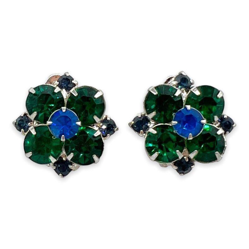 Green and Blue rhinestone clip earrings