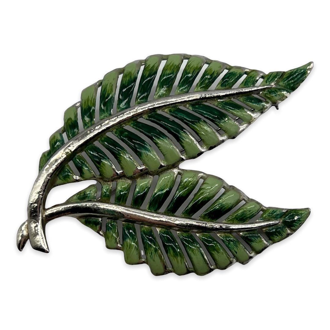 Beautiful 1940s Coro Double Leaf Enamel Brooch