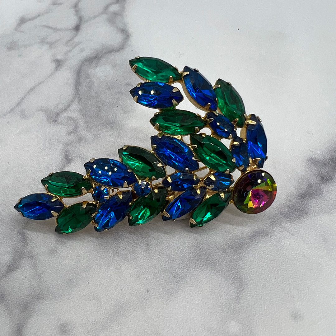 Blue green rivoli rhinestone brooch