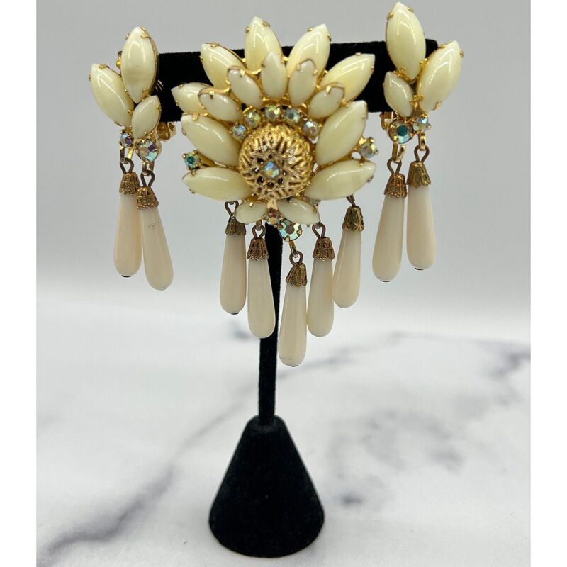 Milk White Juliana Brooch and Earring Set Verified