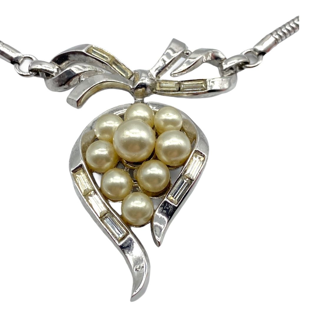 Trifari Faux Pearl Pendant Necklace with Baguette Rhinestone Accents
