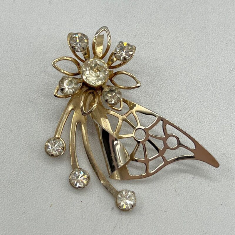 1940s Clear Rhinestone Retro Stylized Flower Streamer