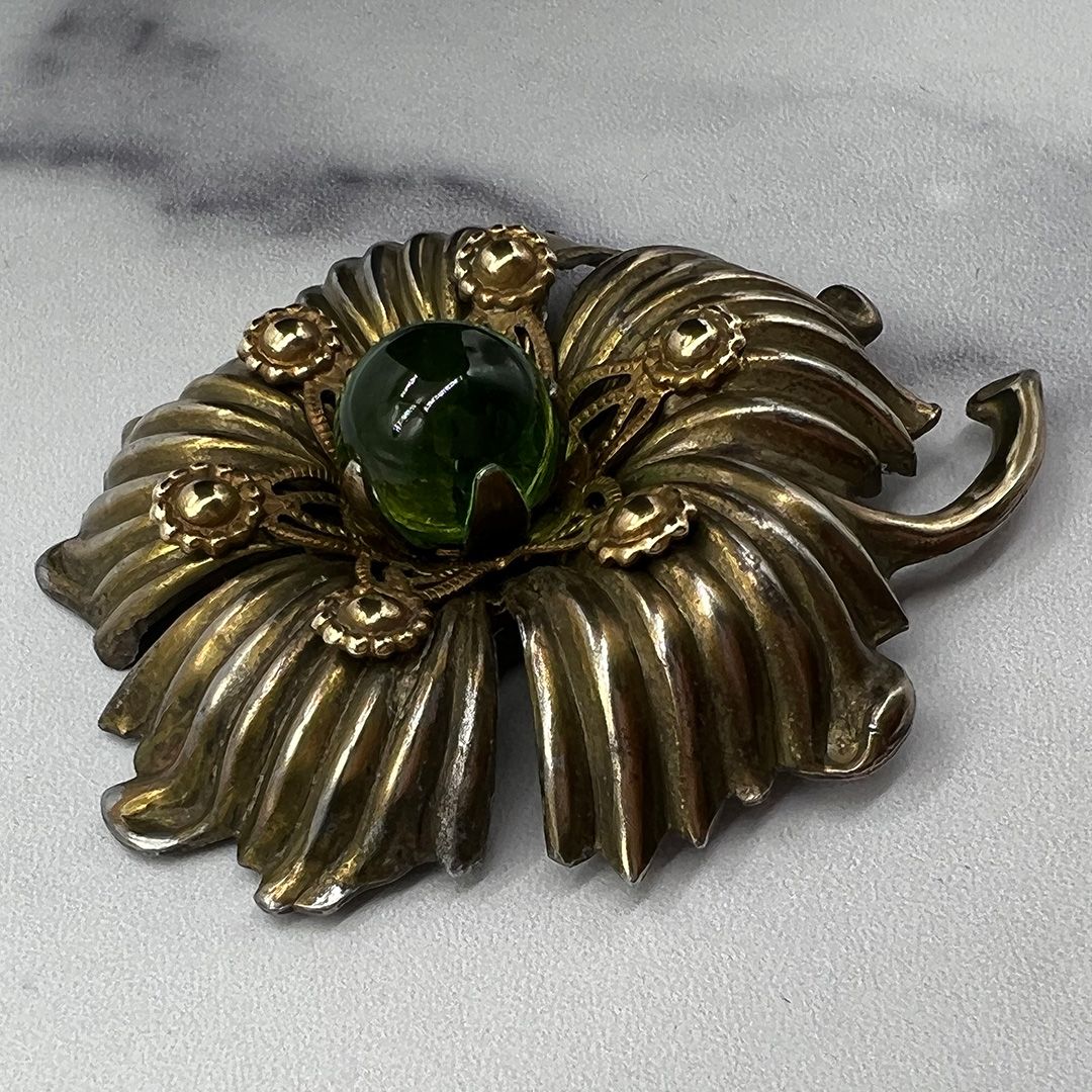 Brass Floral Brooch with Glass Center