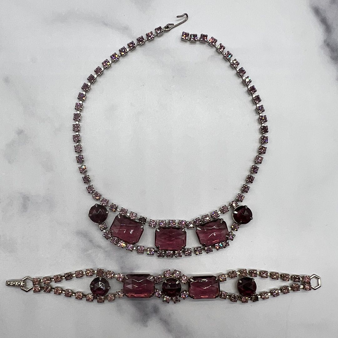 Vintage 1950s Purple Rhinestone Necklace and Bracelet Set
