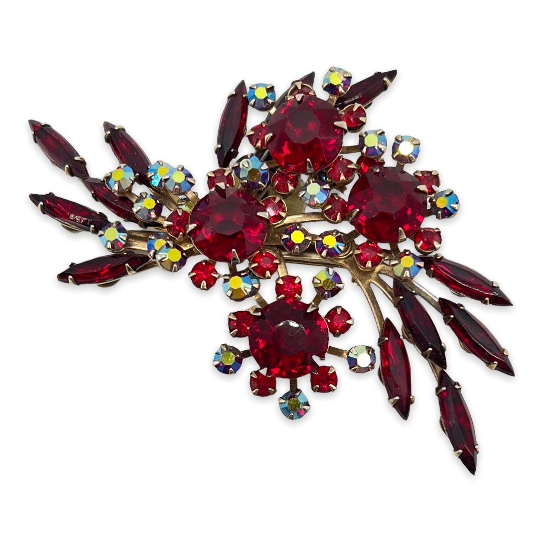 Vintage Red Rhinestone Swedged Floral Spray