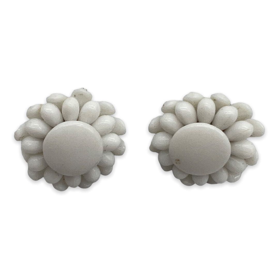Vintage 1940s White Milk Glass Flower Button Earrings