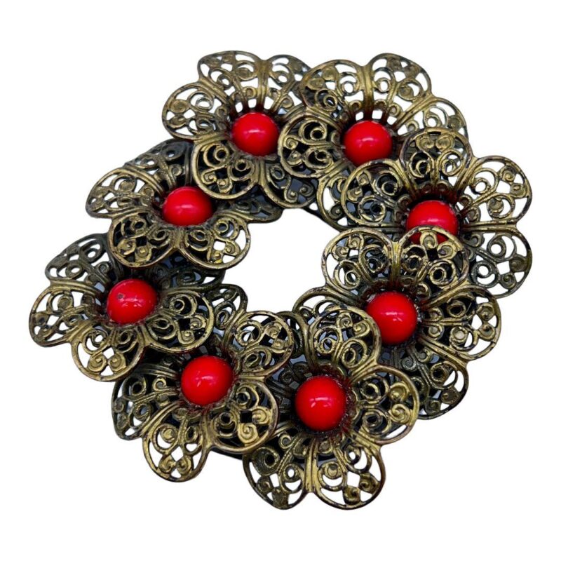 Vintage Czech-style Circular Brooch with Filigree Flowers