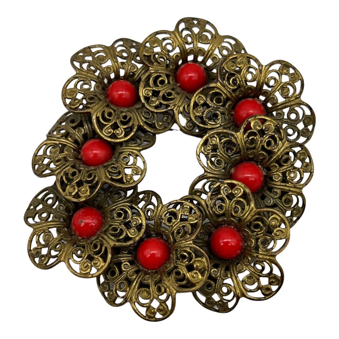 Vintage Czech-style Circular Brooch with Filigree Flowers