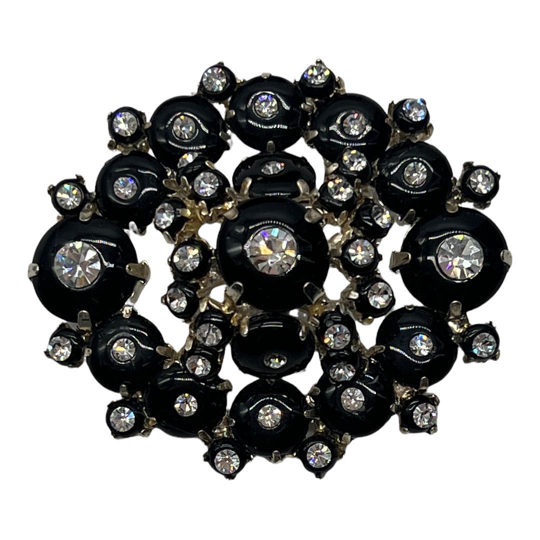 Vintage Shoe Button Brooch in Black and Crystal Rhinestones