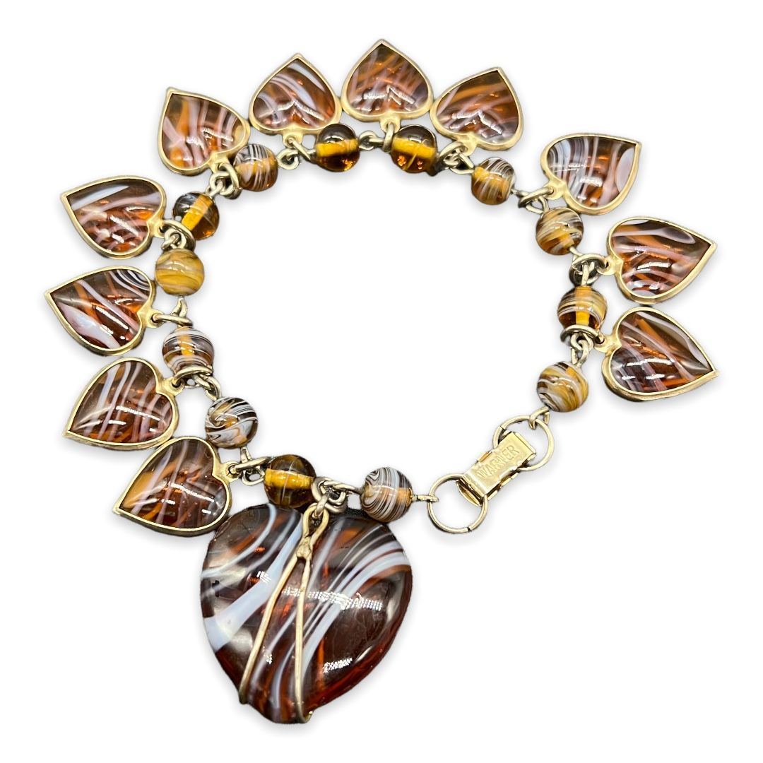 Vintage Warner Faux Agate Heart Charm Bracelet