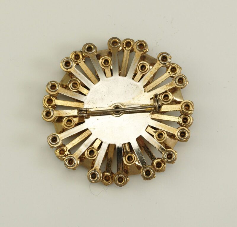 Vintage 1950s Aqua, Yellow and Amethyst Colored Rhinestone Pin, Circle Brooch