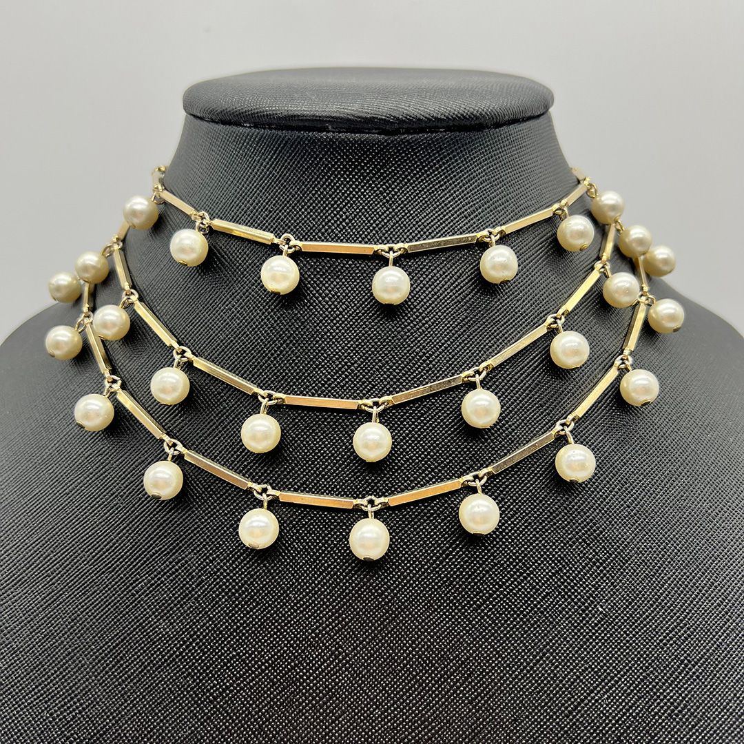 Vintage Faux Pearls and Gold Chain Triple Strand Necklace