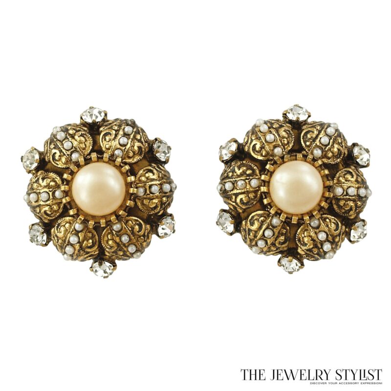 Toledo-style earrings with large center faux pearl.